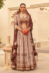 Exclusive latest light brown designer Lehenga in pure pv silk and foil print with detailed embroidery, hand and mirror work